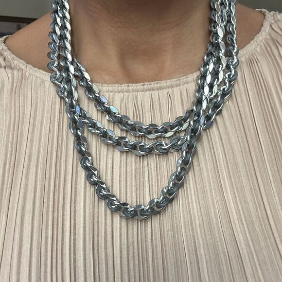 VINTAGE SIGNED WEST GERMANY FANCY LINK Dual Silver Tone Necklace 16”, Signed - Picture 2 of 4